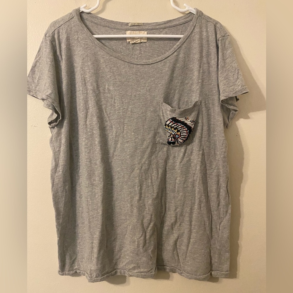 Womens Ralph Lauren Denim & Supply Beaded Indian Head Gray Tee Sz‎ Large